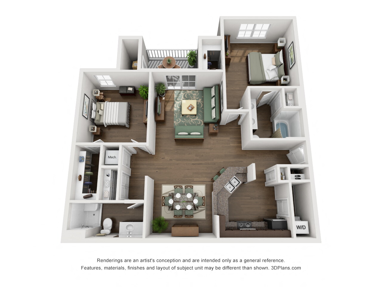 Floor plan for 2 beds, 2 baths, 1179 sqft
